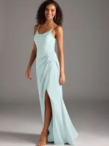 Azazie Deandra Mermaid Cowl Spaghetti Strap Pleated Bridesmaid Wedding Guest Satin Dress