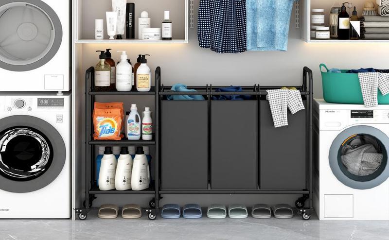 3 Bag Laundry Basket Sorter Cart with Storage Shelf Laundry Hamper with Rolling Wheels for Clothes Storage Laundry Organizer Household Metal