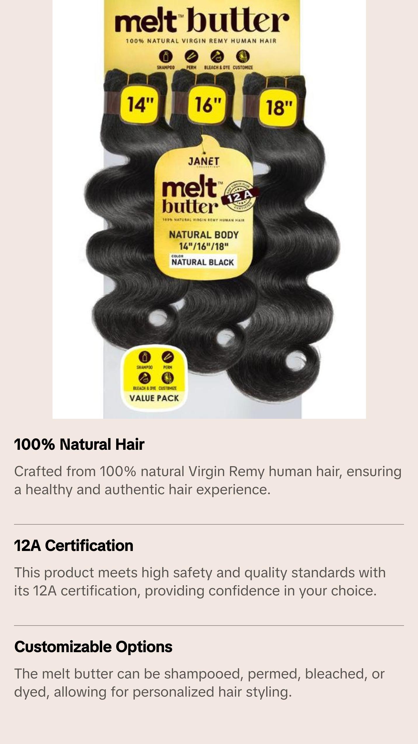 Janet Collection melt butter 12A 100% Natural Virgin Remy Human Hair NATURAL BODY 3PCS Value Pack