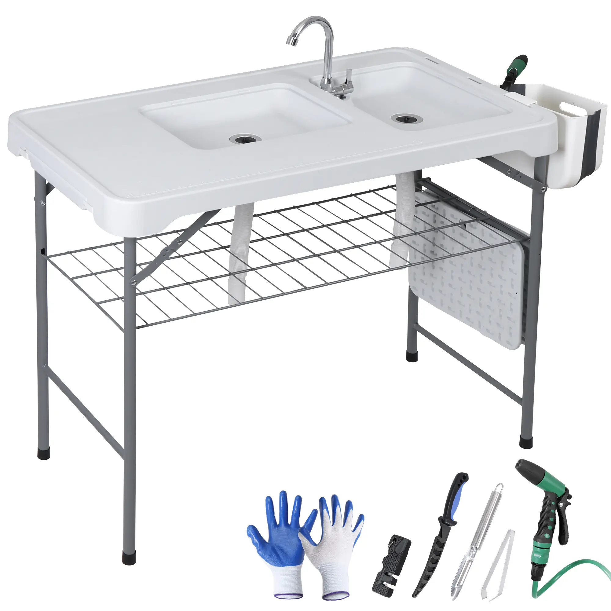 Zeny Stainless Steel Folding Outdoor Fish Cleaning Table with Dual Sinks, 360° Rotatable Faucet, Sprayer, Grid Rack, Knife Groove, Measure Mark, Drainage Hose, Storage, 42.4"l x 22.7"w x 36.1"h, 29 lbs (for Picnic, Patio), 660 Lbs, Lightweight Foldable, M