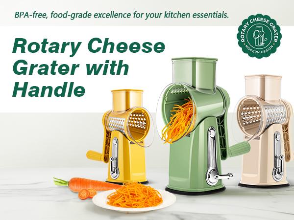 SUSTEAS Rotary Cheese Grater with Handle, Food Chopper Comes with 5 Well-Designed Blades and Powerful Suction Cup Base, 1 Blade Storage Box Kitchen Utensils Vegetable Cutting Slicer Potato Cutter