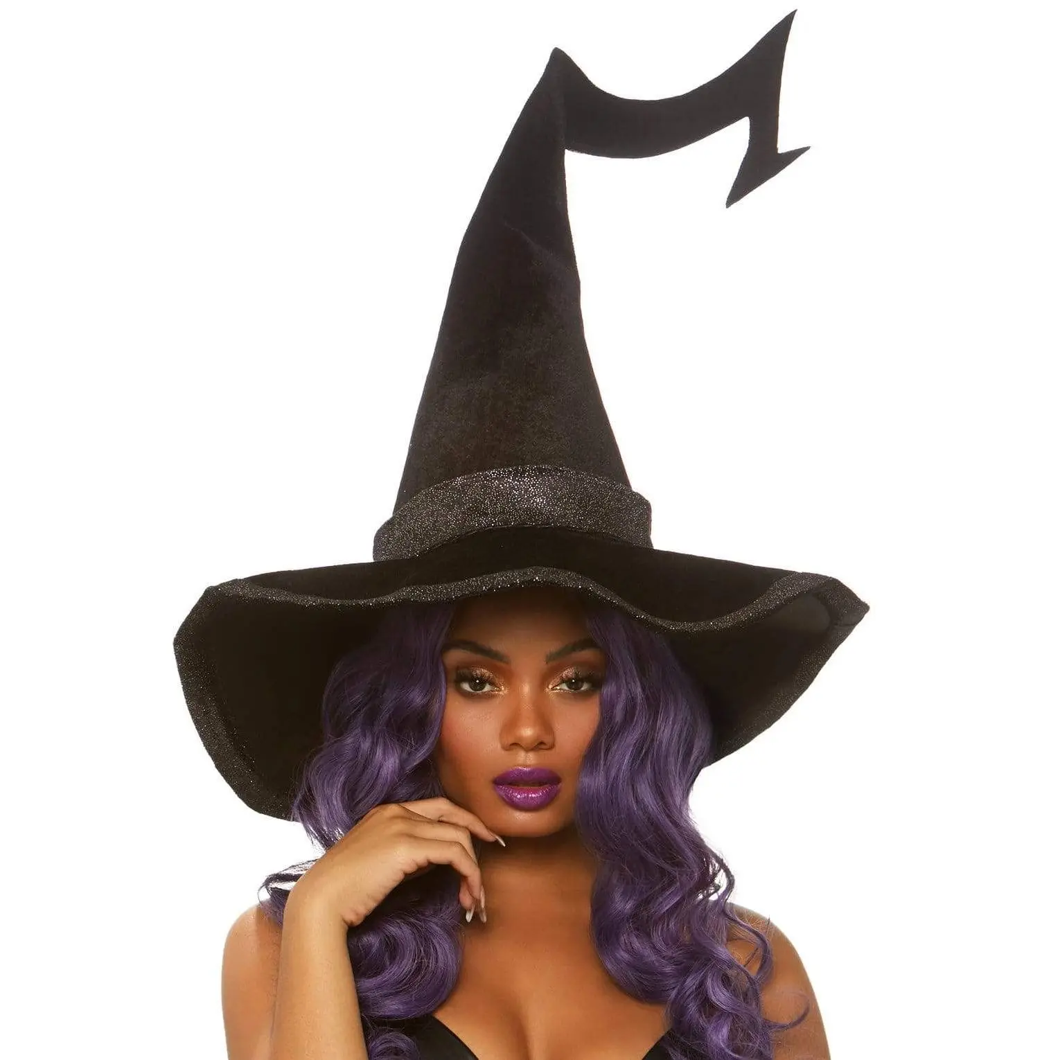 Synthetic Velvet Witch Hat with Whimsical Top, Sparkle Trim - Halloween Party Props, 1 Size Festive Costume Accessory