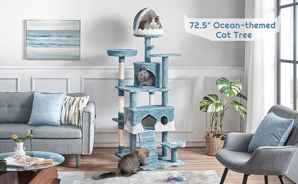 Yaheetech Cat Tree, 72.5″ Height Ocean-themed Cat Tower for Indoor Cats, Multi-Level Large Cat Tower for 3-4 Medium/Large Cats, 2 Condos & 2 Perches & Scratching Posts & Toys, Blue & White