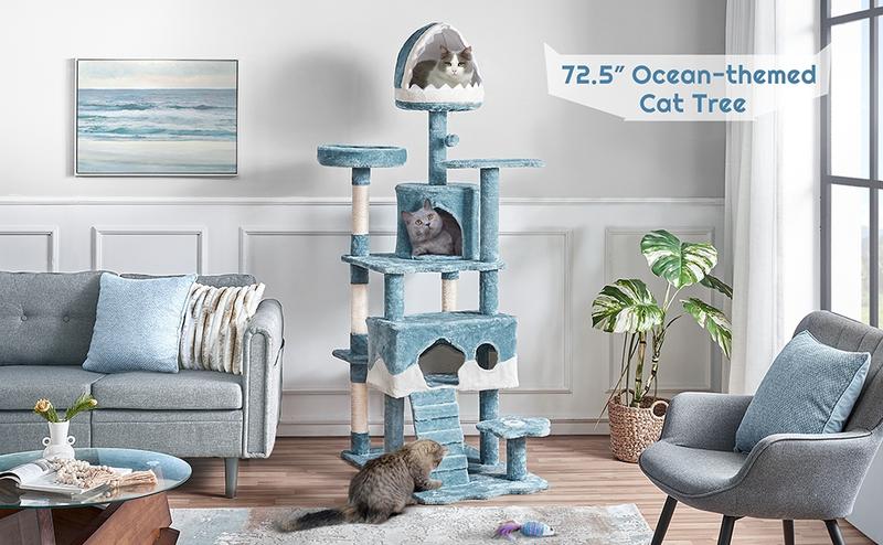 Yaheetech Cat Tree, 72.5″ Height Ocean-themed Cat Tower for Indoor Cats, Multi-Level Large Cat Tower for 3-4 Medium/Large Cats, 2 Condos & 2 Perches & Scratching Posts & Toys, Blue & White
