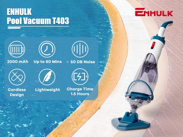 Enhulk Pool Vacuum for Above Ground Pool with Telescopic Pole, Running time up to 1H, Handheld Design with Powerful Suction up to 18.5 gallon/min