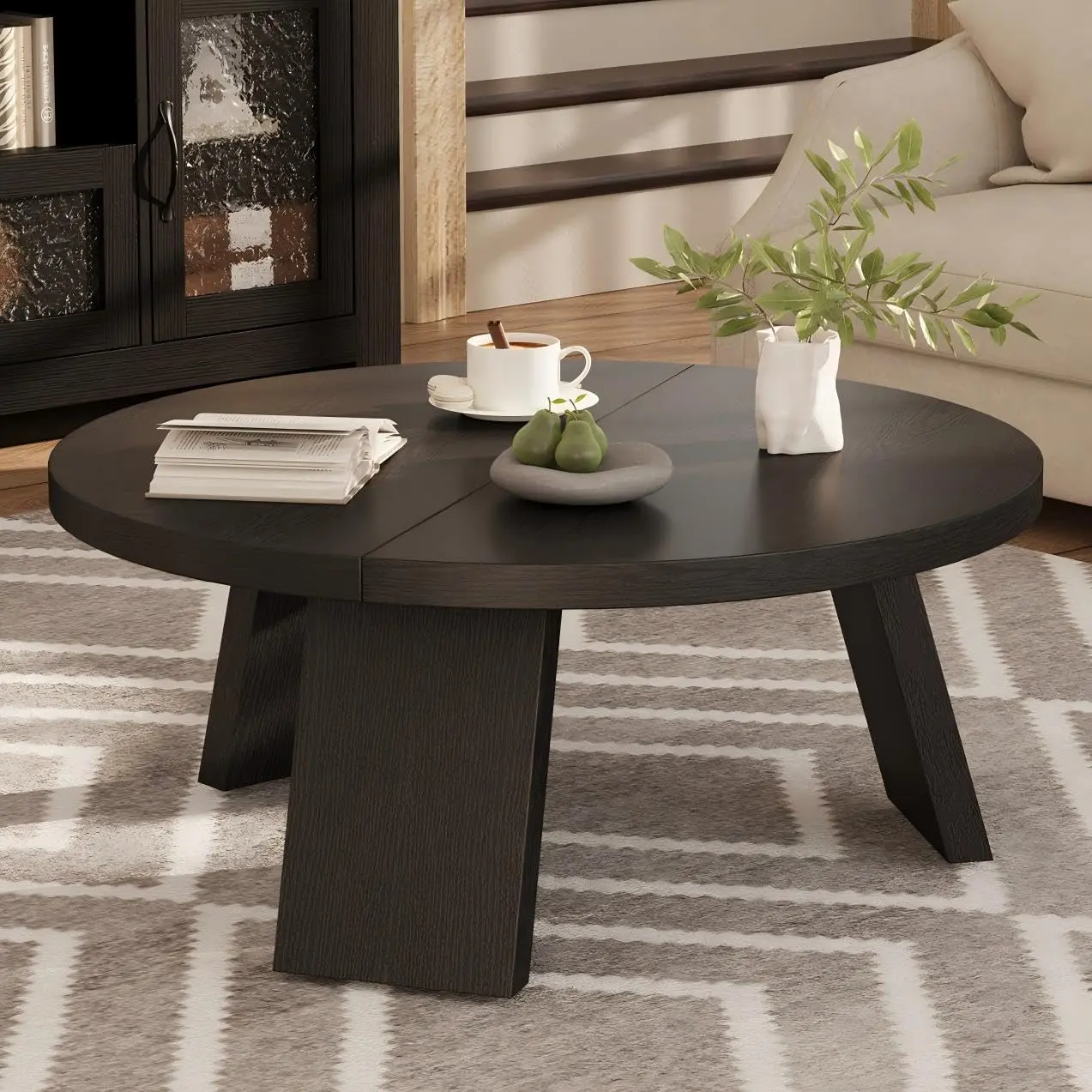 【GARVEE】33.5" Round Coffee Table with Modern Inclined Legs – Stylish Accent Cocktail Table for Living Room and Bedroom – Easy to Assemble – Black Finish