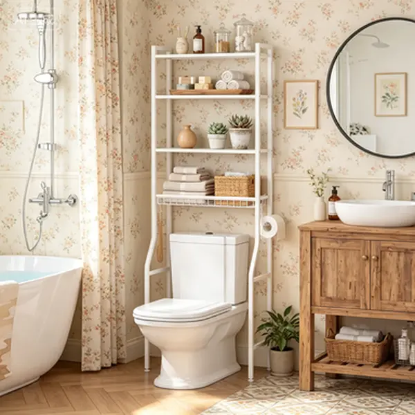 68IN Freestanding Bathroom Storage Rack – Iron & Wood Over-the-Toilet Organizer – Bathroom Shelf for Towels & Toiletries – Rustic Wood Design for Farmhouse Bathroom