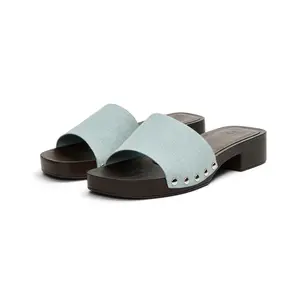 Just Fab Women's Retro Platform Clog Flat Sandals Chunky Heel Wide Textile Strap Metal Studs Soft Cushioned for Summer Walking Girl Shoe Wedge