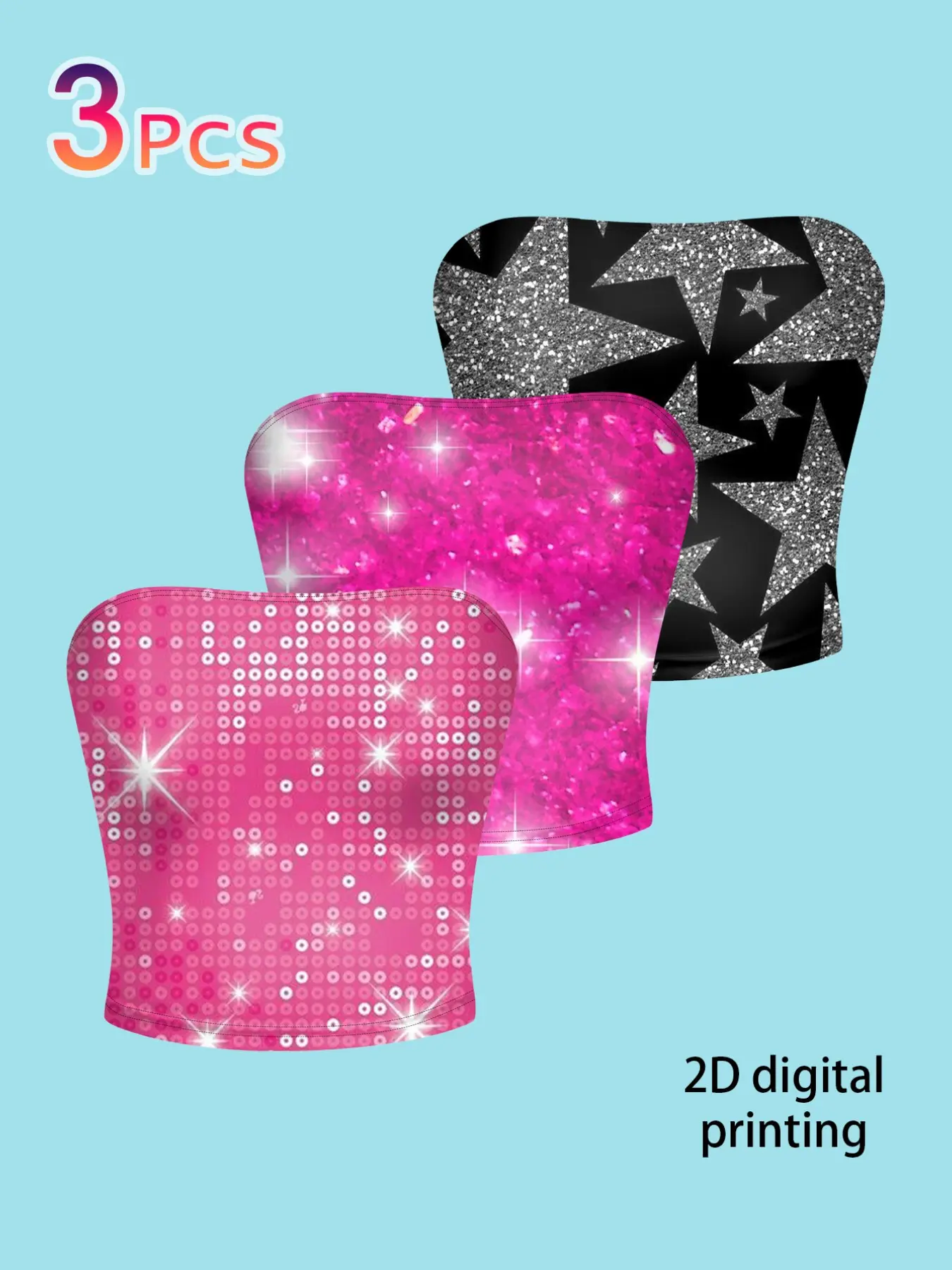 3-Pack Star Print Tube Tops, Camis, Cropped Tank Tops, Sexy Short Slim Fit Crop Tops, Y2K Millennial Style Inner Outer Wear, Party Stage Eye-Catching Top