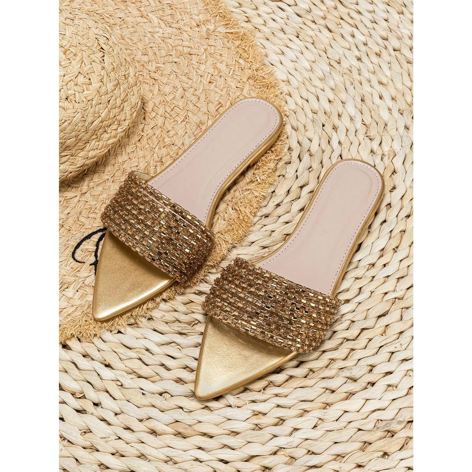 Women's Rhinestone Embellished Bling Flat Sandals - Pointed Open Toe, Dressy Summer Footwear, DealsForYouDays Shoe