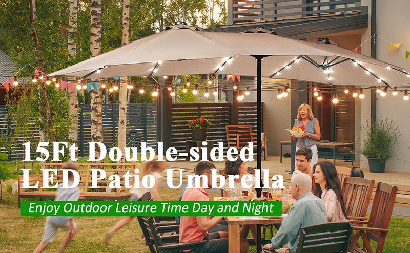 [Costway] 15/13ft Large Patio Umbrella with Solar LED Lights & Base, Extra Large Outdoor Twin Umbrella w/ 48 Lights, for Patio Garden Pool Lawn Backyard, Base Included-Deals for You Days