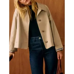 Single Breasted Women Short Trench Coat Interior Plaid Turn-Down Collar Lady Loose Windbreaker 2025 Cotton Fabric Polyester Womenswear