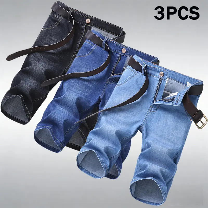 Men's 3-Pack Washed Baggy Loose-Cut Denim Shorts - Streetwear, Ultra-Soft 100% Polyester, Below Knee, All Seasons, Prop 65 Safe, For Going Out & Commuting, Belt Not Included, Vintage Wash