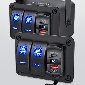 Nilight 2 Gang Rocker Switch Box 12V SPST ON Off Switch PD Type C and QC 3.0 USB Charger Voltmeter Waterproof Aluminum Rocker Switch Panel DIY Stickers for Boats Cars RVs Trucks
