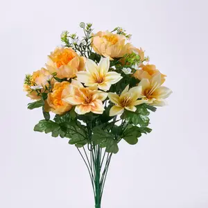 Pastel Yellow & Orange Clematis, Daisy & Peony Bouquet 21 Stem Mixed Faux Floral Bush Spray - 21"