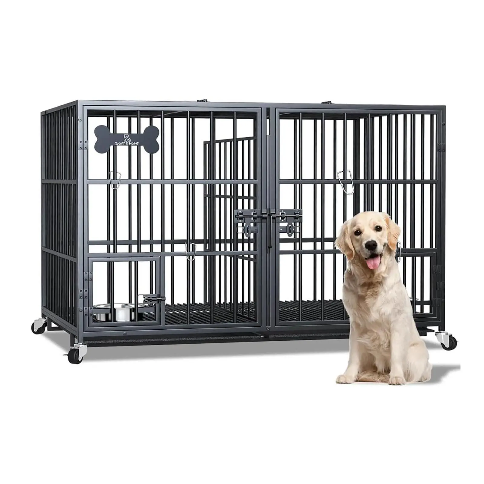 42" Dog Crates for Large and Medium Dogs, Upgraded 4 Lockable Wheels, Metal Open Top , Removable Wheels Tray Floor Grid Dividers Feeding Bowl