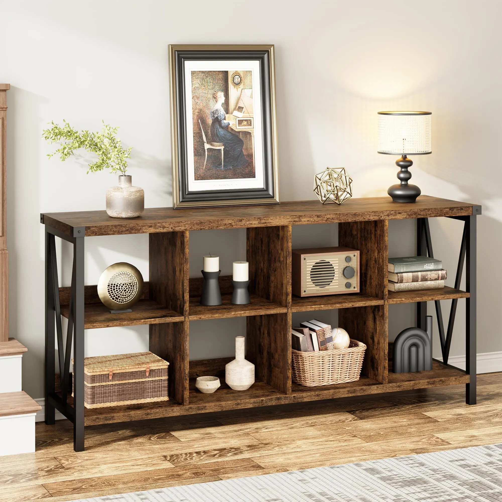 8 Cube Storage Organizer Bookshelf, 3 Tier Metal Horizontal Bookcase, 62 Inch Console Bookshelf,  for Long Low Bookshelves for Living RoomRetro