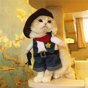 【Pet Supplies】Generic Cowboy Dog Cat Costume with Hat for Halloween Christmas Birthday Events Funny Pet Outfit for Kittens Puppies Size S Easy Wear Party Fun
