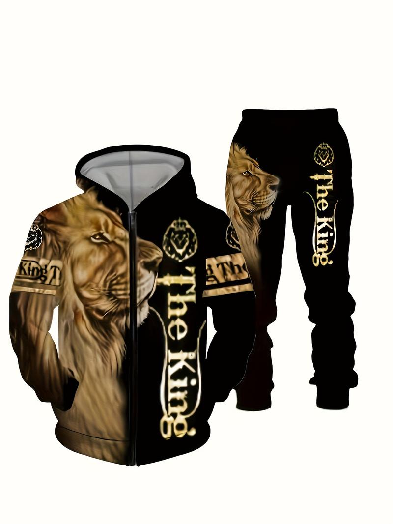 European and American Trendy Lion Print Hooded Sweatshirt Set Men's Street Style Loose Fit Sports Two-Piece Set