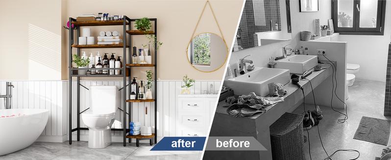 K1 Heavy Duty 7-Tier Over The Toilet Storage（With Basket and Paper Hook）Freestanding Above Toilet Shelf with Adjustable Feet，Space Saver Bathroom Shelves 9.3"D x 33.5"W x 63.8"H，Rustic Brown