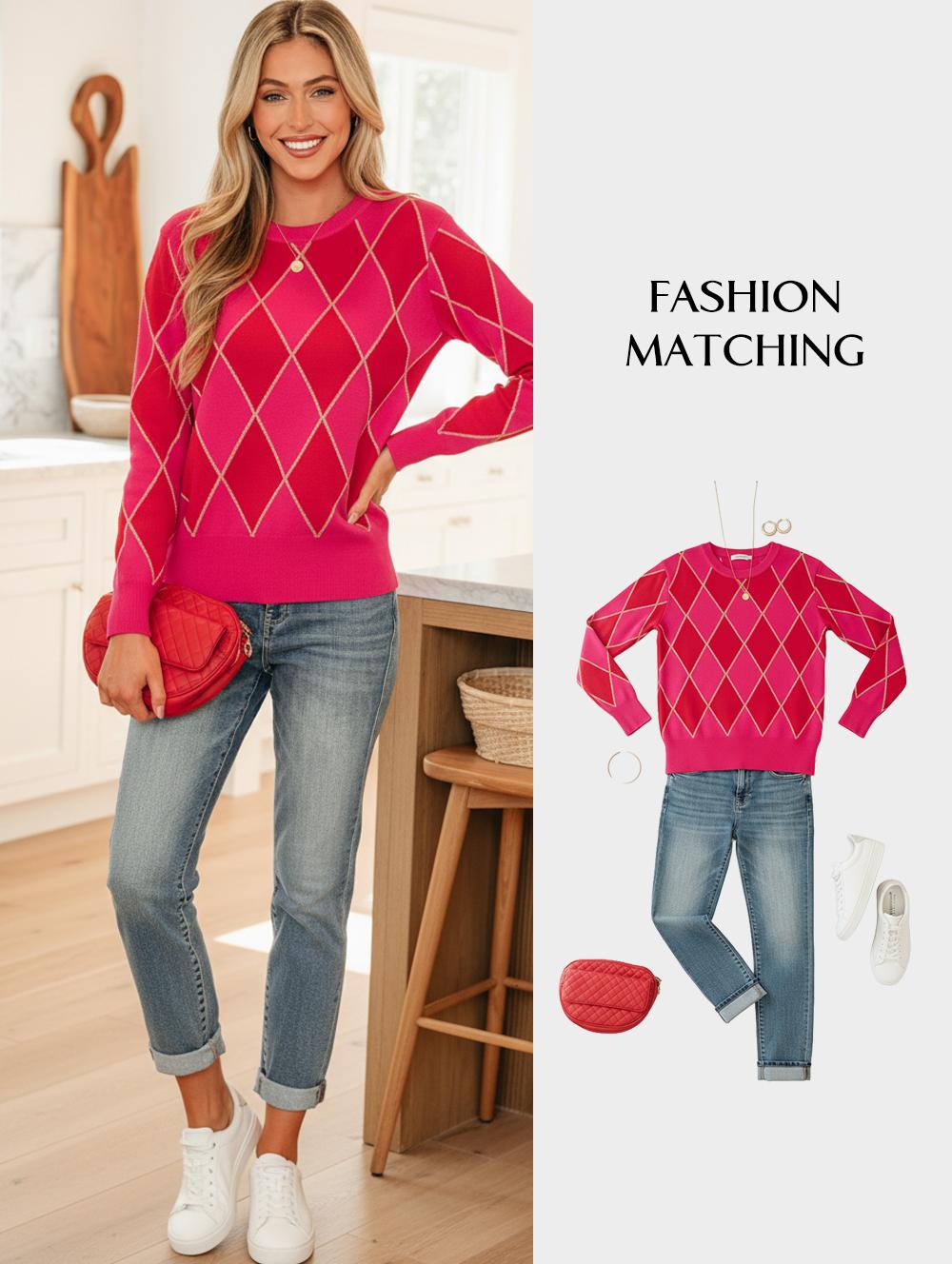 Asvivid Women's Glitter Rhombus Argyle Pattern Knit Casual Cute Sweater Pullover Jumper Tops Long Sleeve / Sleeveless Knitwear for Spring Fall Valentines Outfits