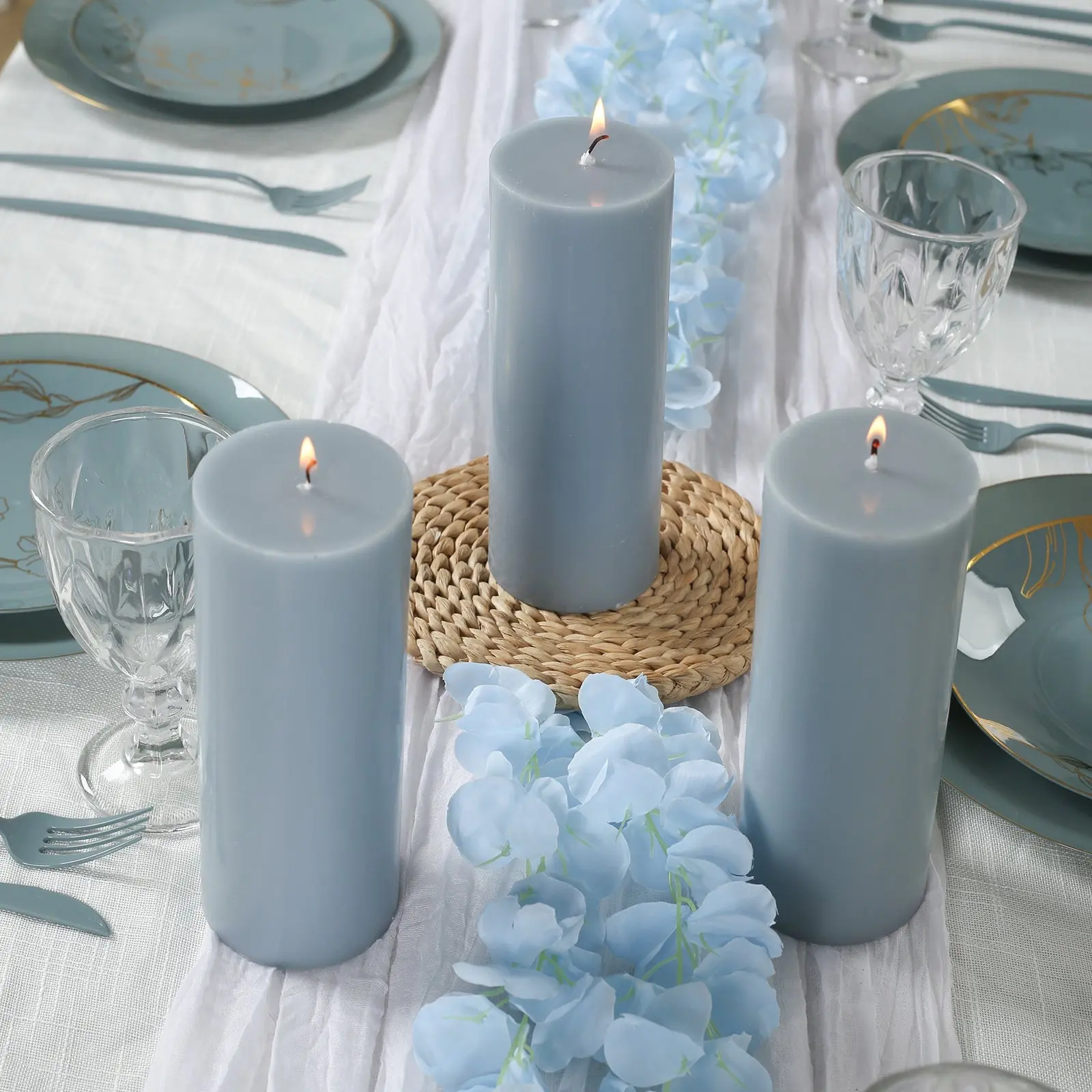 12-Pack 3"x8" Unscented Dripless Pillar Candles - Dusty Blue Long-Burn Wax Candles with Cotton Wicks for Home Decor, Wedding Centerpieces, Restaurants, Churches