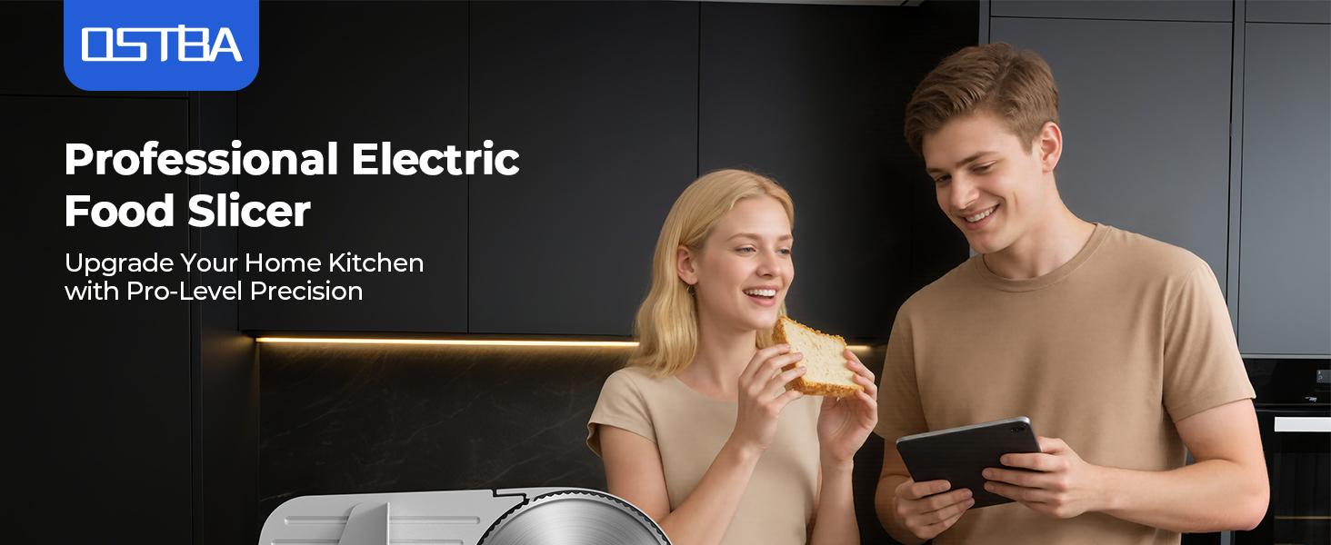 OSTBA Electric Meat Slicer with 200W DC Motor, 2 Removable 8.7” Stainless Steel Blades, Adjustable Thickness 0–15mm, Food Tray & Hand Grip, Deli Food Slicer for Meat, Cheese, Bread, Vegetables