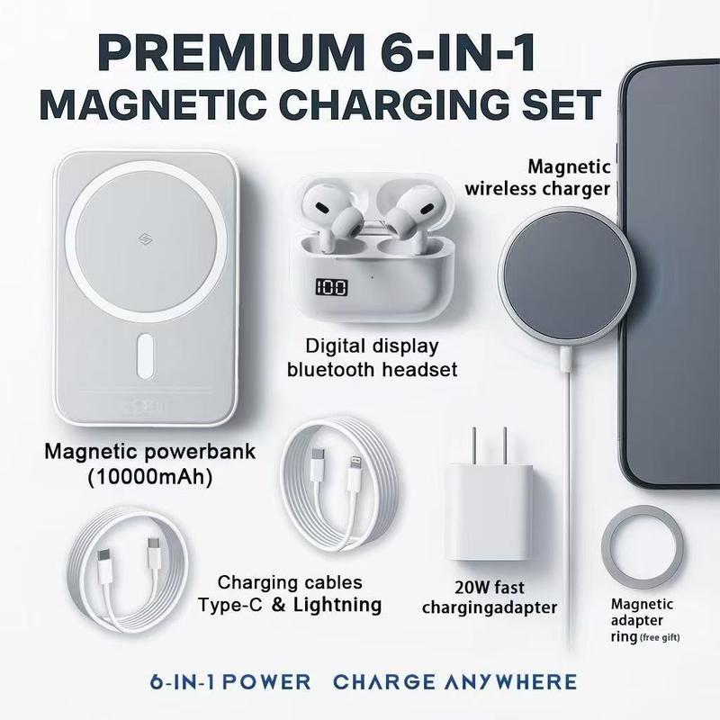 6-in-1 Fast Charging Kit – 10,000 mAh Mag Power Bank + Wireless Charger & Type-C Cable