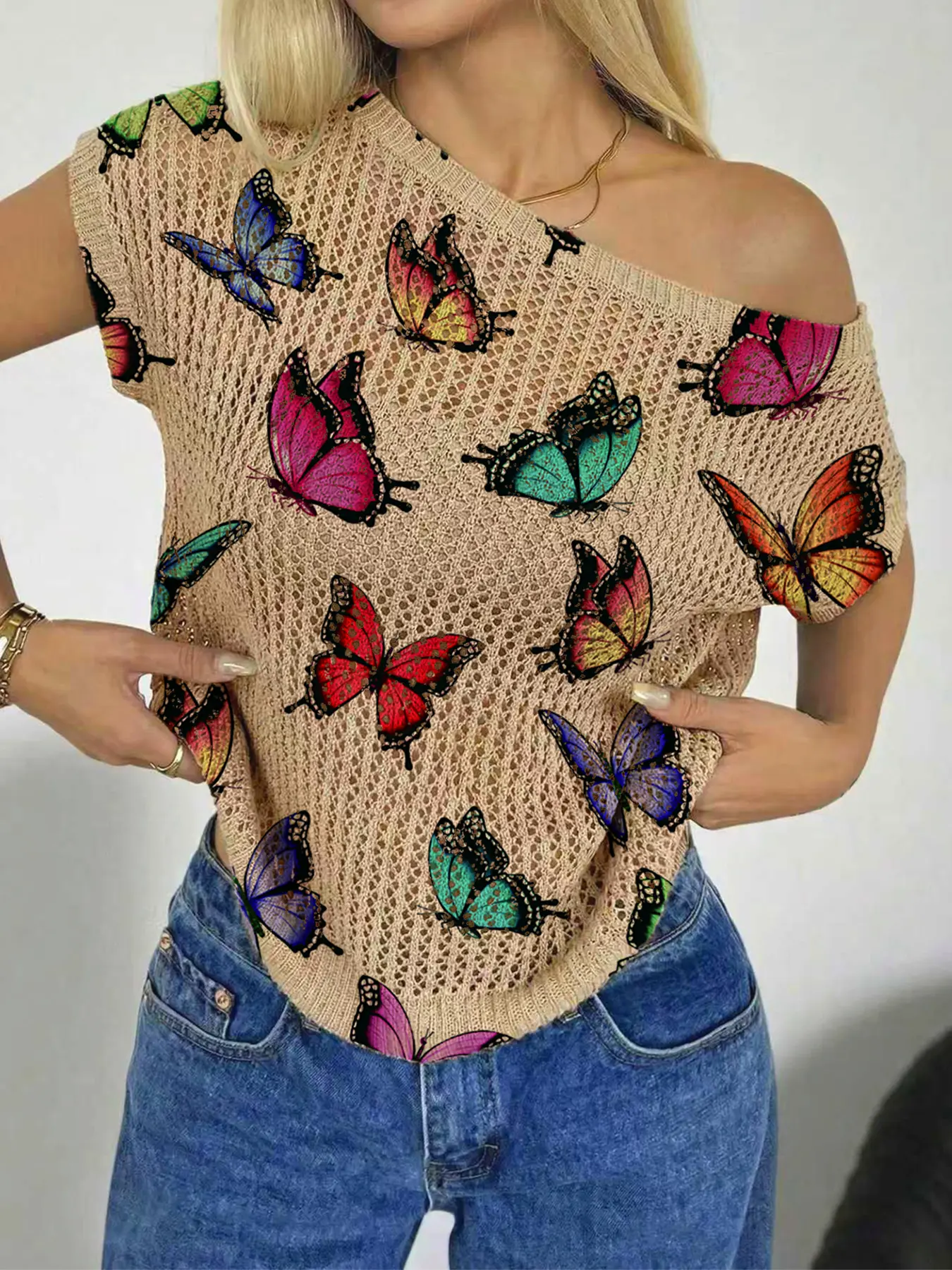Spring Summer Women's Beach Vacation Asymmetric Neck Off-Shoulder Batwing-Sleeve Semi-Sheer Lace Butterfly Print Loose Knit Top