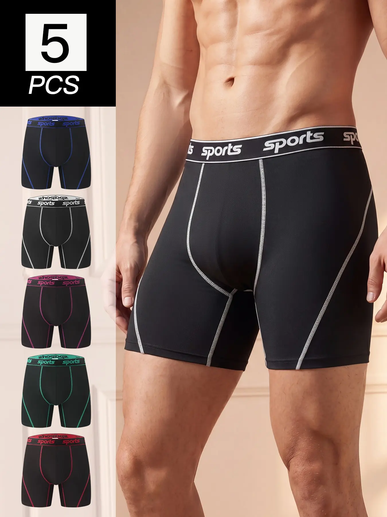 Men's 5 PCS/Pack Stretch Boxer Briefs, Stretchy Sporty Underwear, Long Leg No Ride Up Moisture Wicking Quick Dry Breathable Underwear, Anti Chafe Athletic Sports Boxers, Running Cycling Workout Gym, Big & Tall Assorted Colors All Season