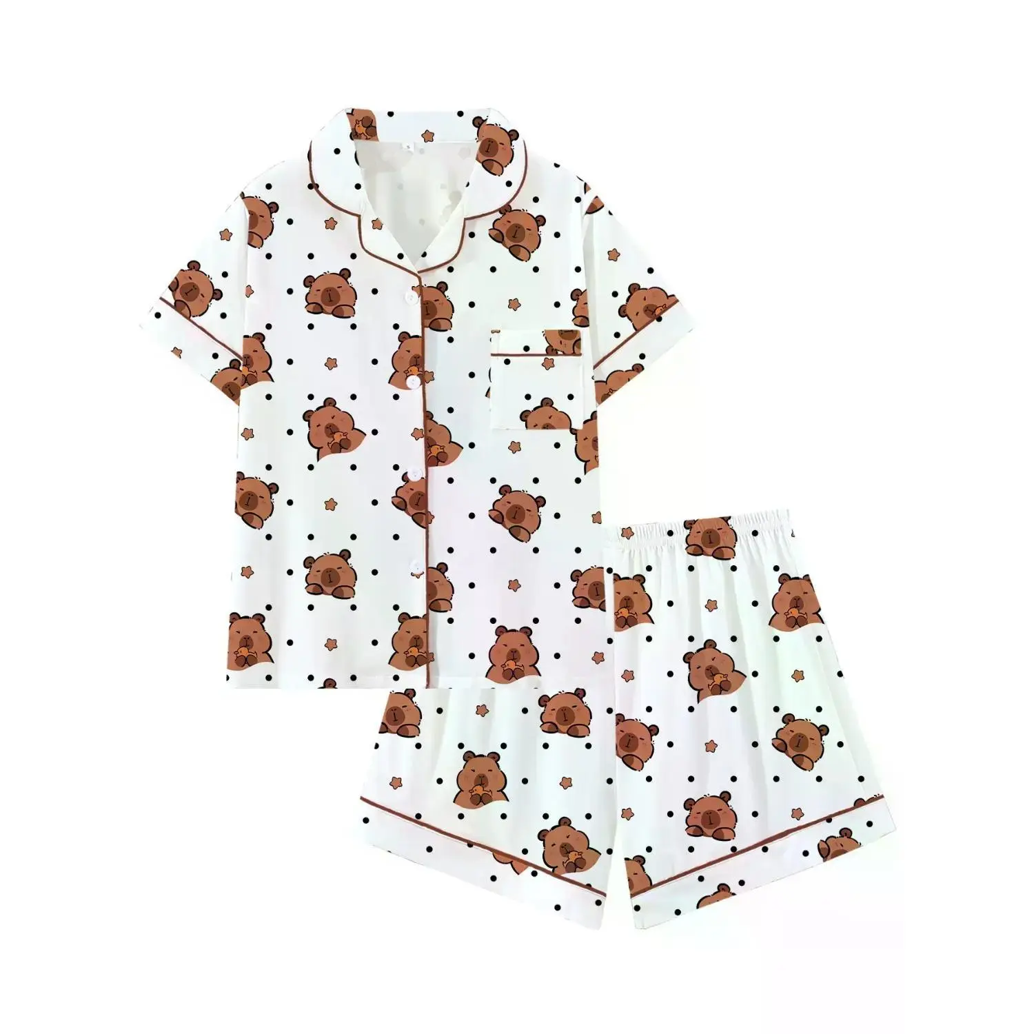Charming Capybara Print Pajama Set - Cute Short Sleeve Loungewear with Turn-Down Collar - Ideal for Sleeping, Vacations, and Casual Outdoor Wear