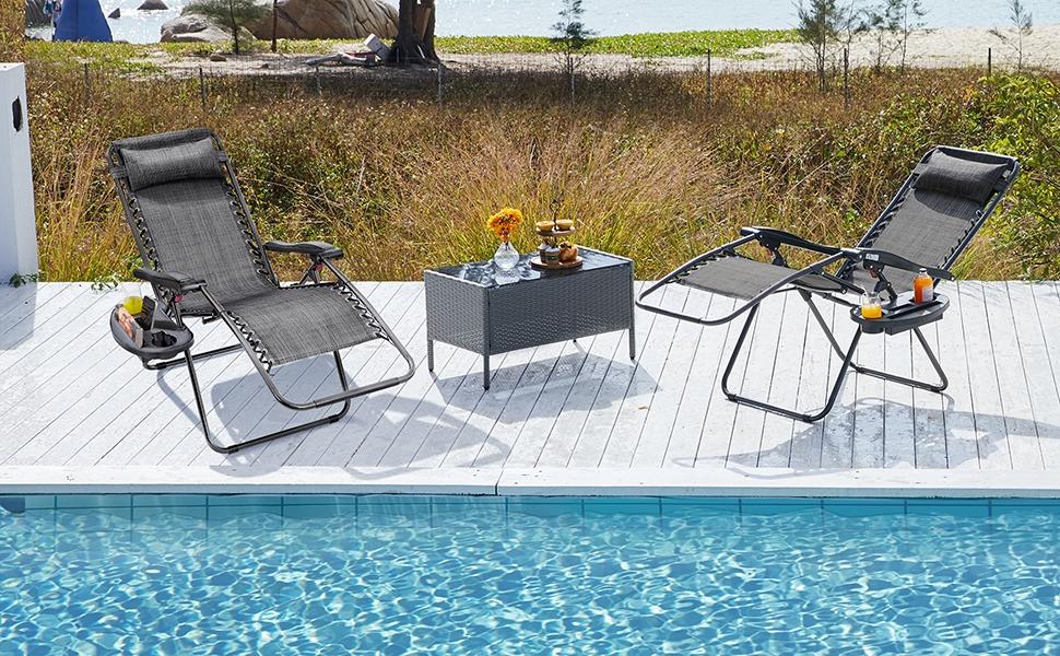 Yaheetech 2pcs Zero Gravity Recliners, Outdoor Patio Reclining Lounge Chair with Cupholder/Pillow, Set of 2 Foldable Lounge Camping Chair