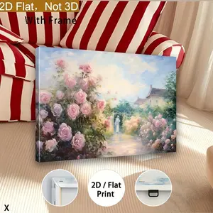 A Framed Decorative with a Wooden Frame, Not 3D, Is a Daily Item. The Product Is Flat with 2D Features, Featuring a Vintage French of a Small French Cottage, a of a Cottage with Roses, And a Retro of Pink Roses	