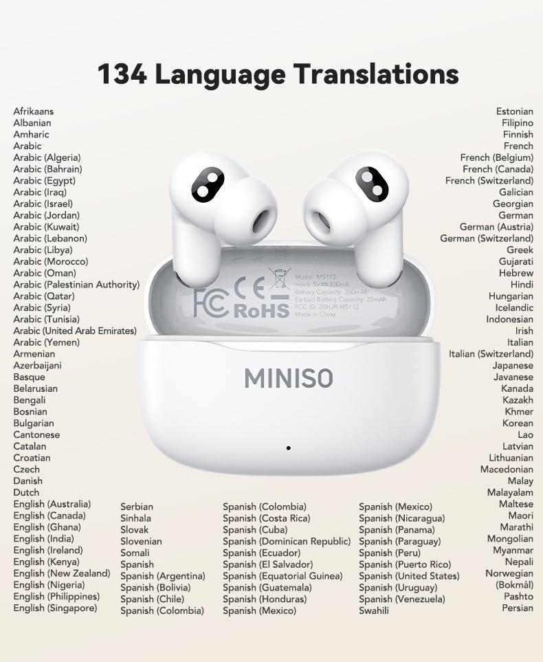 MINISO MS112 Wireless Earphones: Active noise cancellation, real-time translation, heart rate sensing, hearing aid function, Bluetooth connectivity, spatial audio, high-fidelity sound quality, USB-C charging.