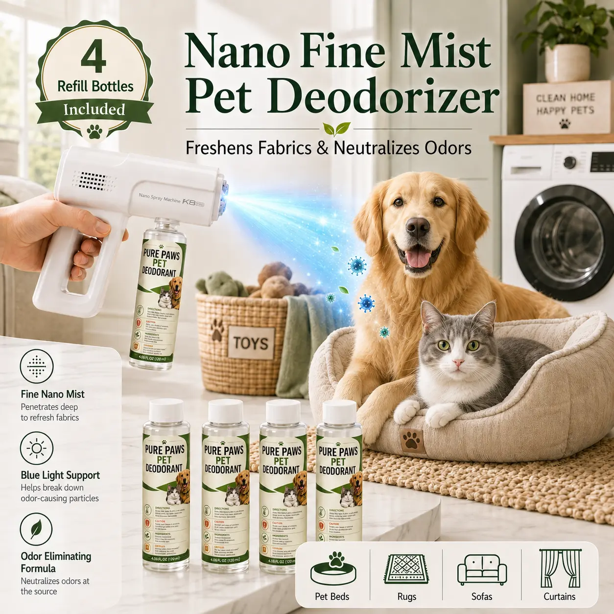 Pet Bio-Enzyme Odor & Stain Remover Spray for Dogs & Cats, Plant-Based Pet-Friendly Formula for Urine, Vomit & Everyday Messes, for Carpet, Furniture, Floors & Home