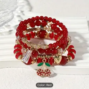 Luxury Crystal Charm Bracelet Set for Women – Elegant Beaded Cherry Pendant Stretch Bracelet