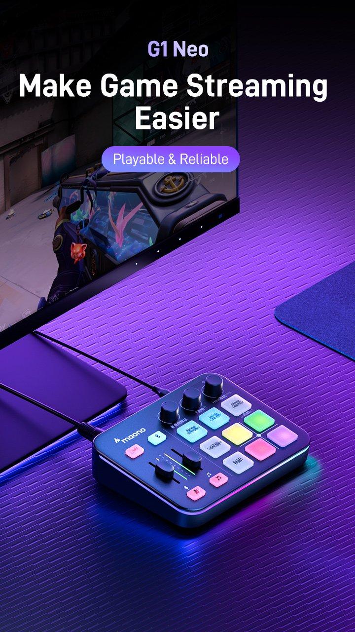 MAONO G1 NEO RGB USB Audio mixer with Bluetooth, Noise reduction, easy to use with PC, Smartphone, XLR microphone, ideal for gaming and streaming.