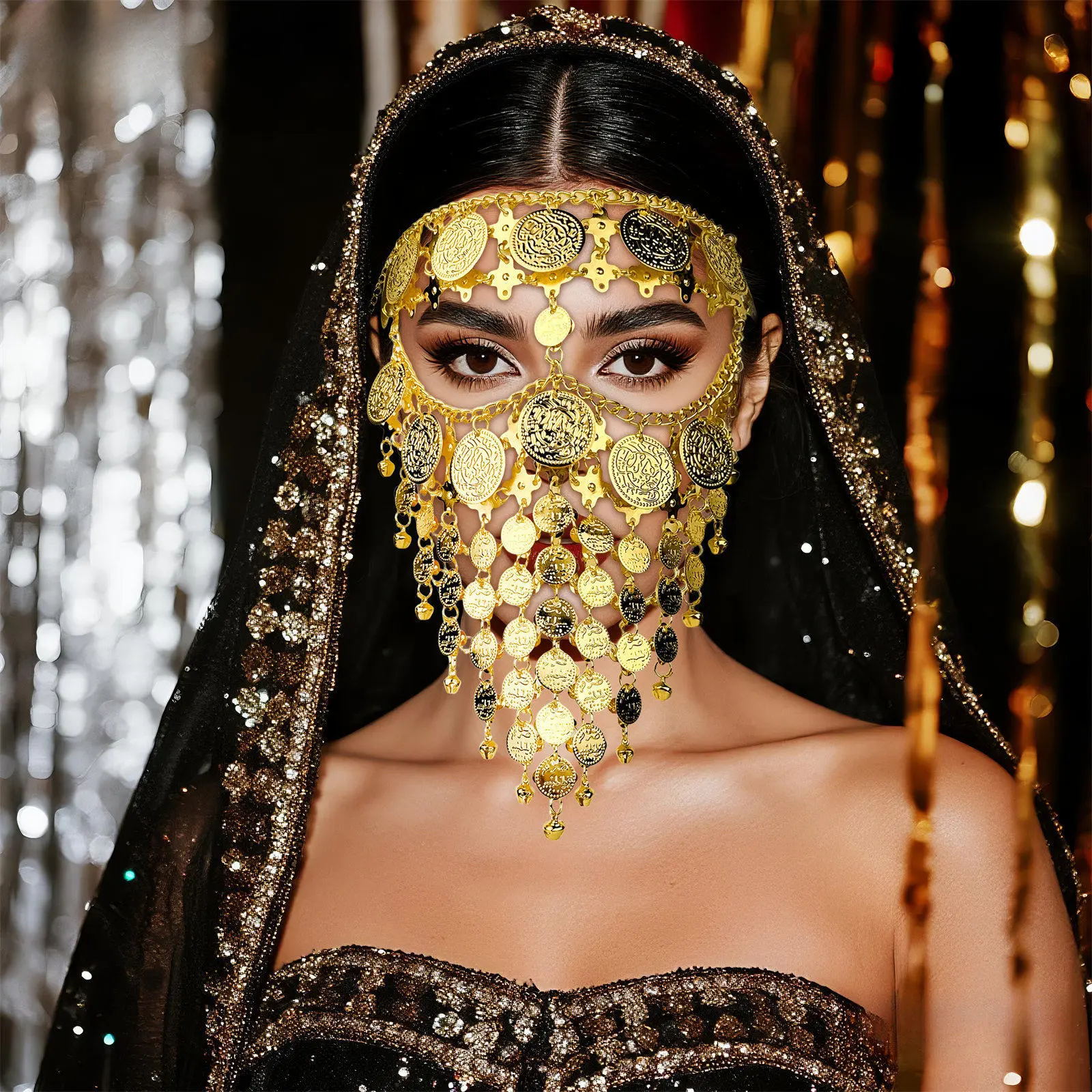 OIDEA Bohemian Coin Tassel Face Veil - Retro Vintage Gold-Tone Alloy Mask, Lightweight Adjustable Adult Halloween Costume Accessory, Party Event Prop for Belly Dancers, Accessories, Party Event Props
