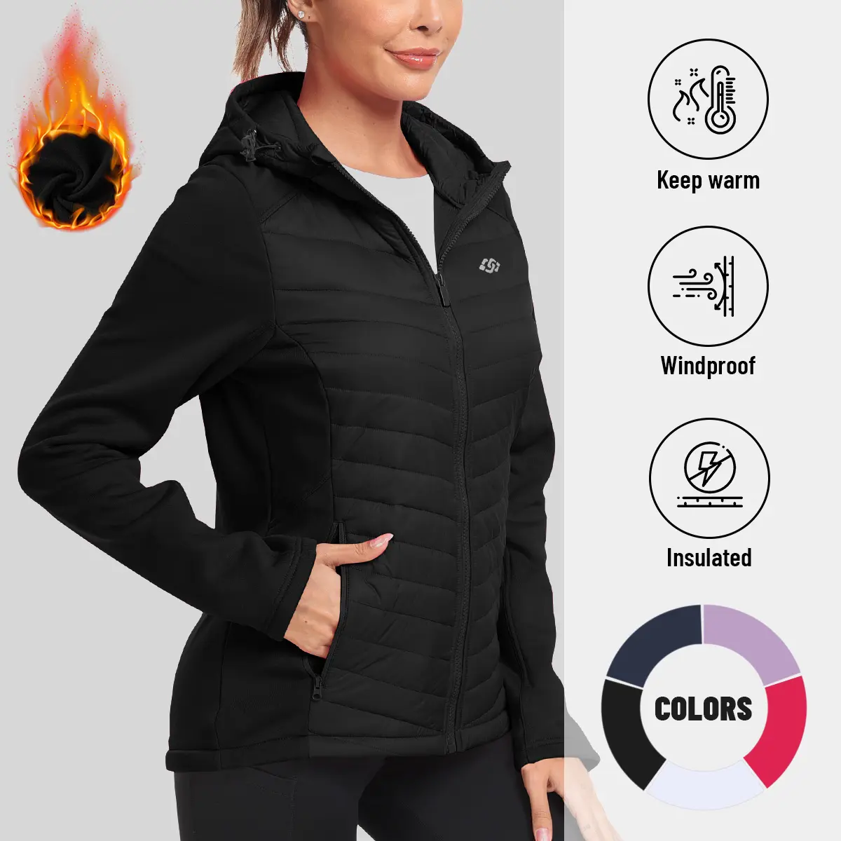 MoFiz Women's Lightweight Insulated Outdoor Activewear Jacket - Fleece-Lined Thermal Hybrid Softshell, Full Zip, Adjustable Hood, Athlete & Lightweight Sports Jacket for Winter Fall Running, Athlete Jackets