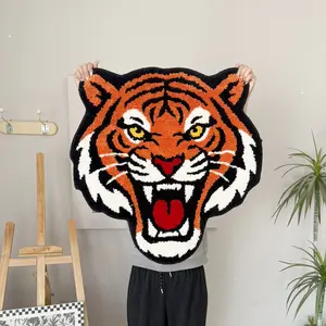 Tiger Head Tufted Rug, Bold Orange & Black Striped Design Soft Plush Floor Mat, Non-Slip Washable Entryway Carpet for Bedroom Living Room, Wild Animal Themed Home Decor