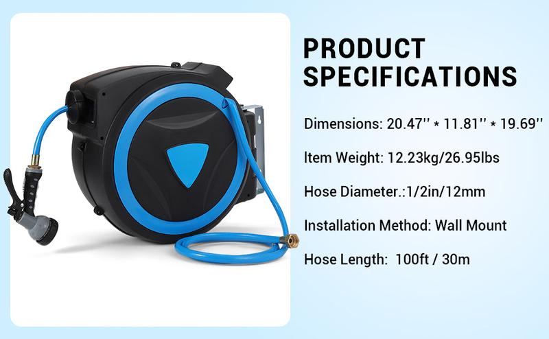 【GARVEE】Retractable Garden Hose Reel available in 65ft, 78ft, and 100ft lengths with 1/2 inch heavy-duty water hose, 9-function sprayer nozzle, slow return system, ideal for courtyards and gardens.