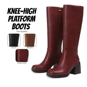 Knee High Platform Boots for Women Square Toe Chunky Block Heel Side Zipper Easy Pull On Long Tall Warm Cozy Comfy Wide Calf Womens Boots Party Work Casual Fashion Fall Spring Summer Retro Vintage Burgundy Boots