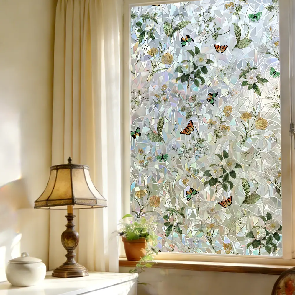 1 Roll Glueless Iridescent Floral Static Cling Window Film - Artwork Decorative Sticker for Bedroom Glass Panels, Kitchen, Privacy Protection, Dreamy Light Shift, Spray Water Application, Removable Home Decor Decal