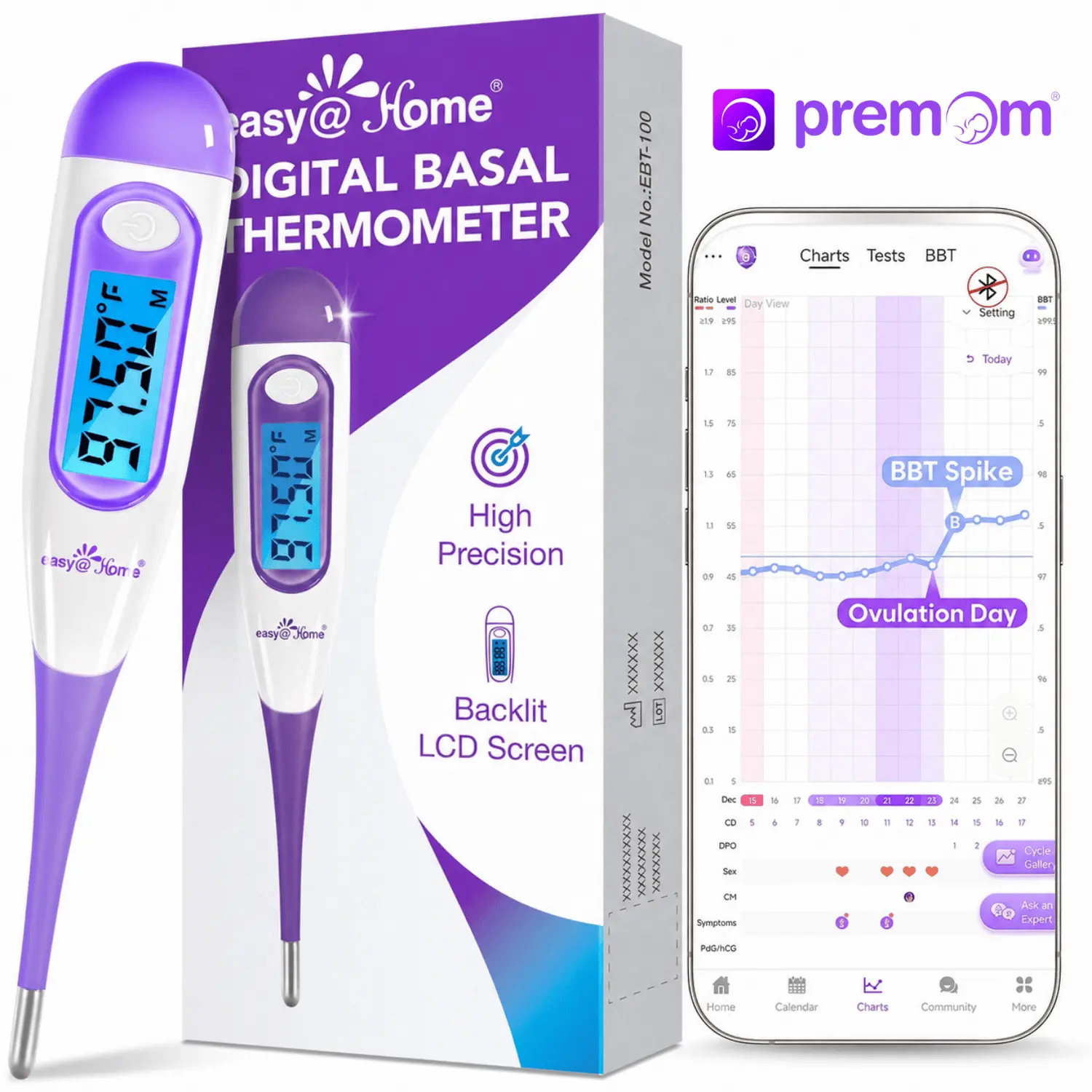 Easy@Home Digital Basal Thermometer for Ovulation: Fertility Thermometers with Backlight LCD Display 1/100th Degree High Precision BBT, 30 Memory Recall – Scan Results with Premom App