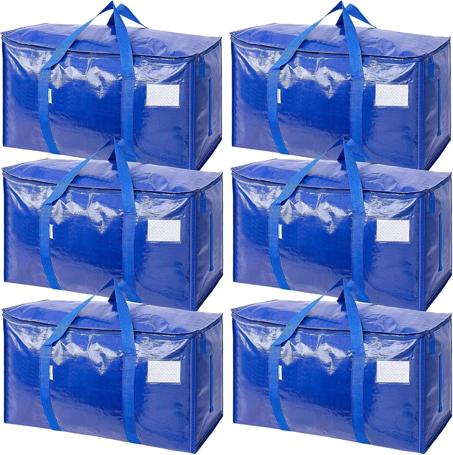 6 Pack Heavy Duty Polypropylene Moving Bags with Full-Open Side Zipper, Waterproof Foldable Space-Saving Storage Totes for College Dorm Move-In & Home Organization, Blue