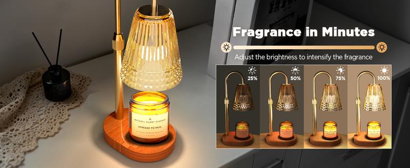 TATAANTY Candle Warmer Lamp with Timer Dimmable, Height-Adjustable Candle Warmer with 2 Bulbs, Melt Wax Warmer Lamp, House Warming Gifts New Home,Gifts for Women, Golden Glass Shade, Wood Base
