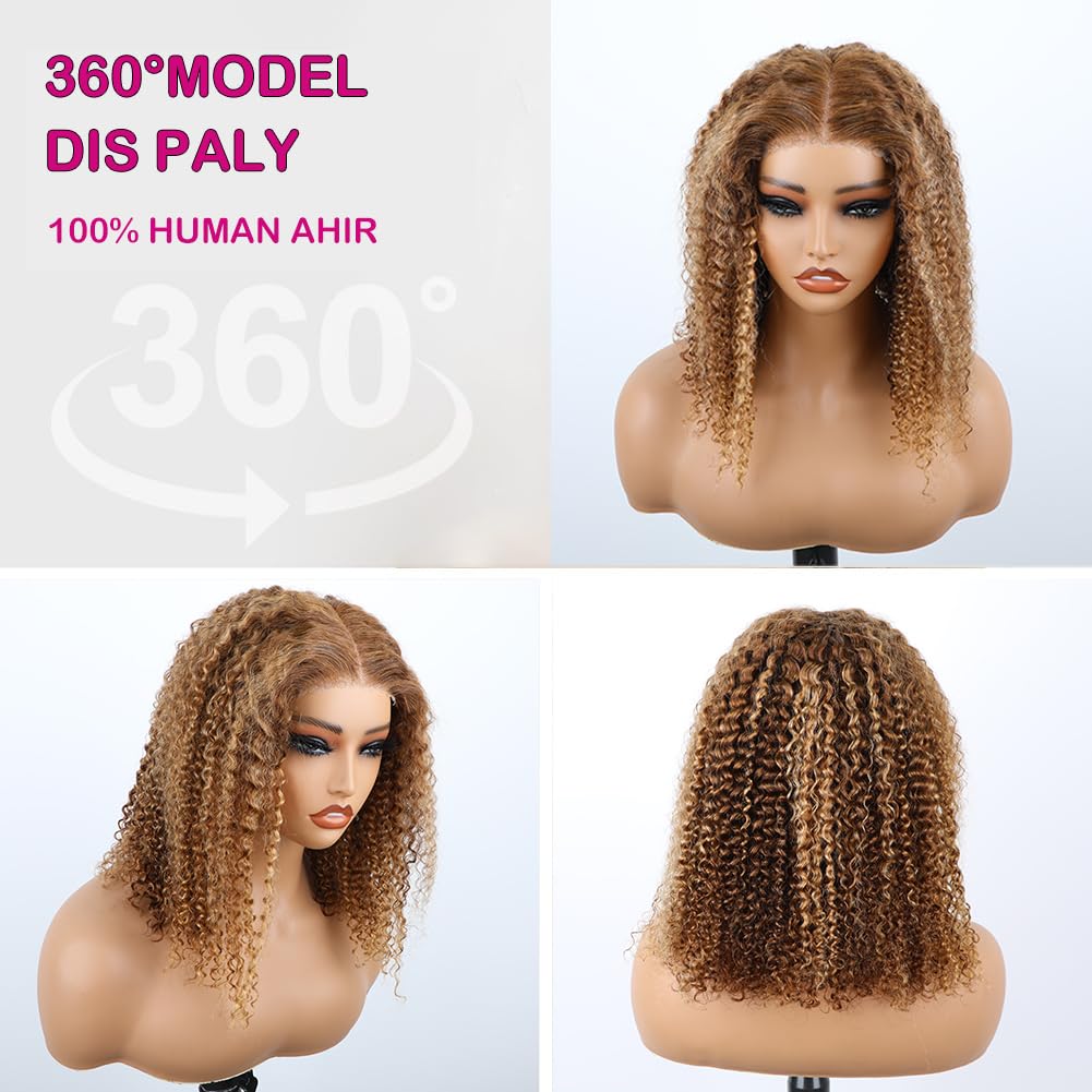 14 Inch Highlight Curly Bob Wig Human Hair Glueless Wigs for Black Women P4/27 Shoulder Length Curly Human Hair Wig Ombre Honey Blonde Lace Front Wigs C Part Natural Hairline