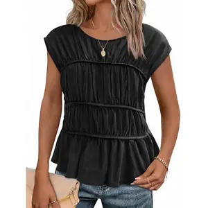 Cicy Bell Womens Cap Sleeve Peplum Tank Tops Summer Babydoll Smocked Cotton Shirts Casual Crew Neck Pleated Blouse