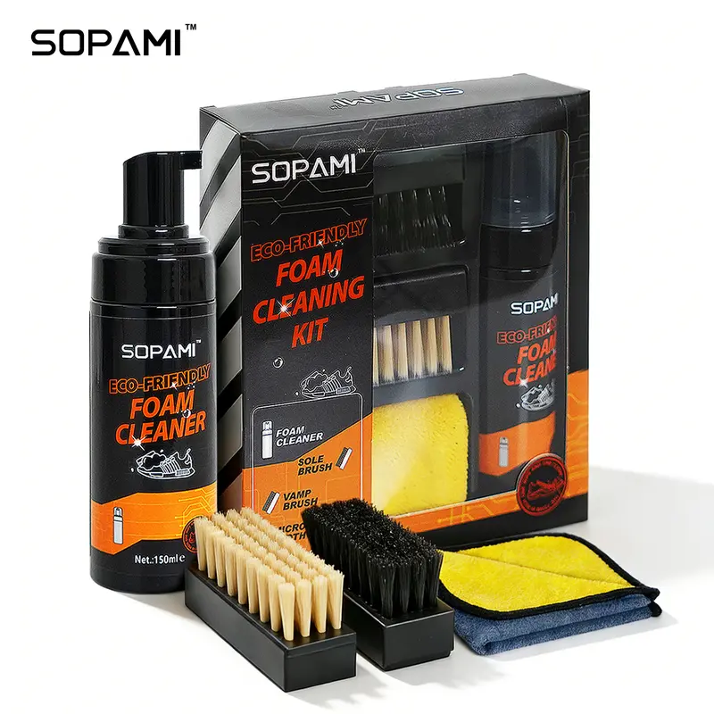 SOPAMI 150ml Foam Shoe Cleaner Kit with Dual Brushes, Shoe Cleaning Foam for Sneakers, Canvas, Mesh and Fabric Shoes, Home Shoe Care Kit