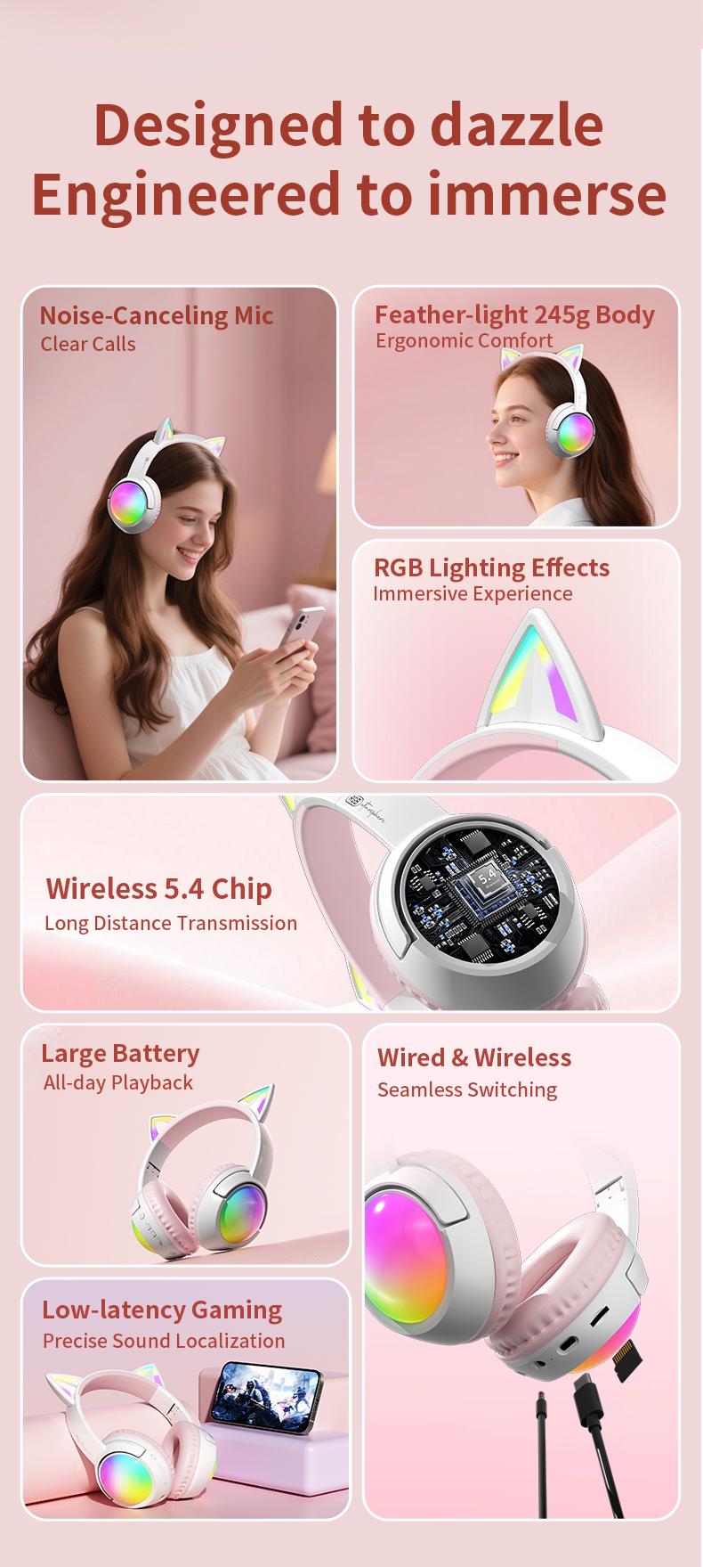 Wireless Bluetooth cat ear headphones with LED lights, foldable, over-ear design, built-in microphone, long battery life, suitable for mobile phones, tablets, iPads, and laptops. A cute gift for children, teenagers, and adults.